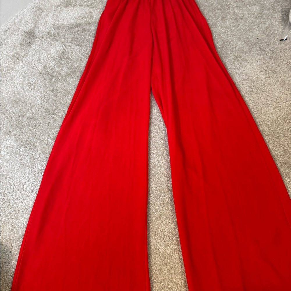 Striped Black and White Jumpsuit with Bustier Top and red wide legged pants - Picture 4 of 6